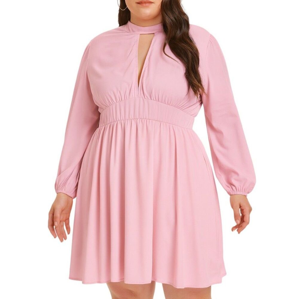 SHEIN Curve Long-Sleeve Baby Pink Keyhole Dress | Size 4XL